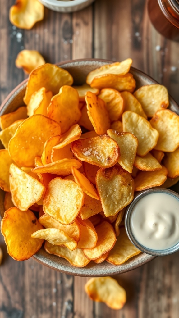 A bowl of crispy homemade potato chips with a sprinkle of salt and a small dish of dip on a rustic wooden table.